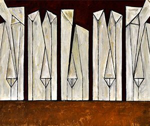 Efigies con zócalo, 1988. Acrílico sobre tela, 36 × 97 cm. Colección particular
